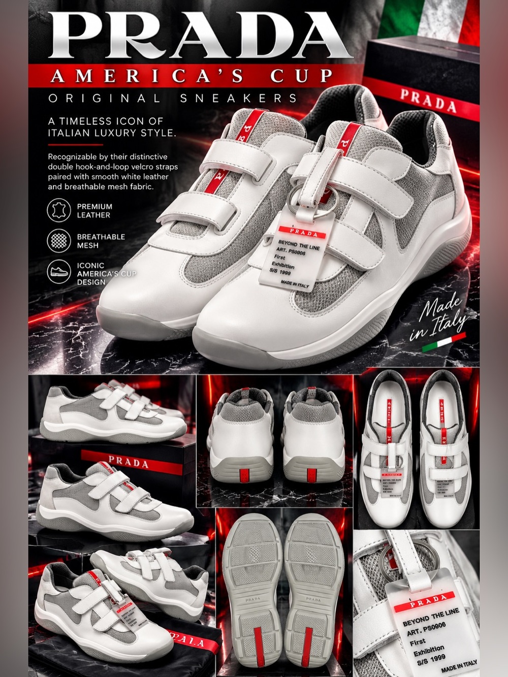 Prada America's Cup Sneakers, by their distinctive double velcro/White Leather!